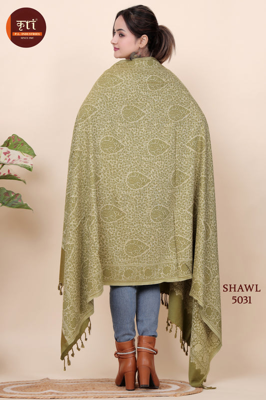 KRITI Floral Pattern Woollen Olive Green Color Shawl for Women
