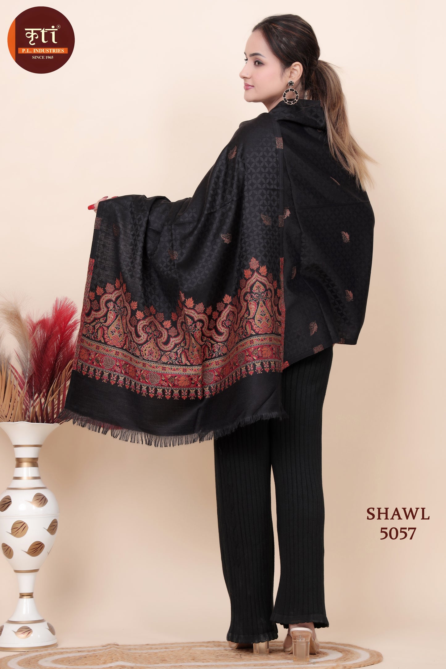 KRITI Jacquard Design Woollen Black Color Shawl for Women