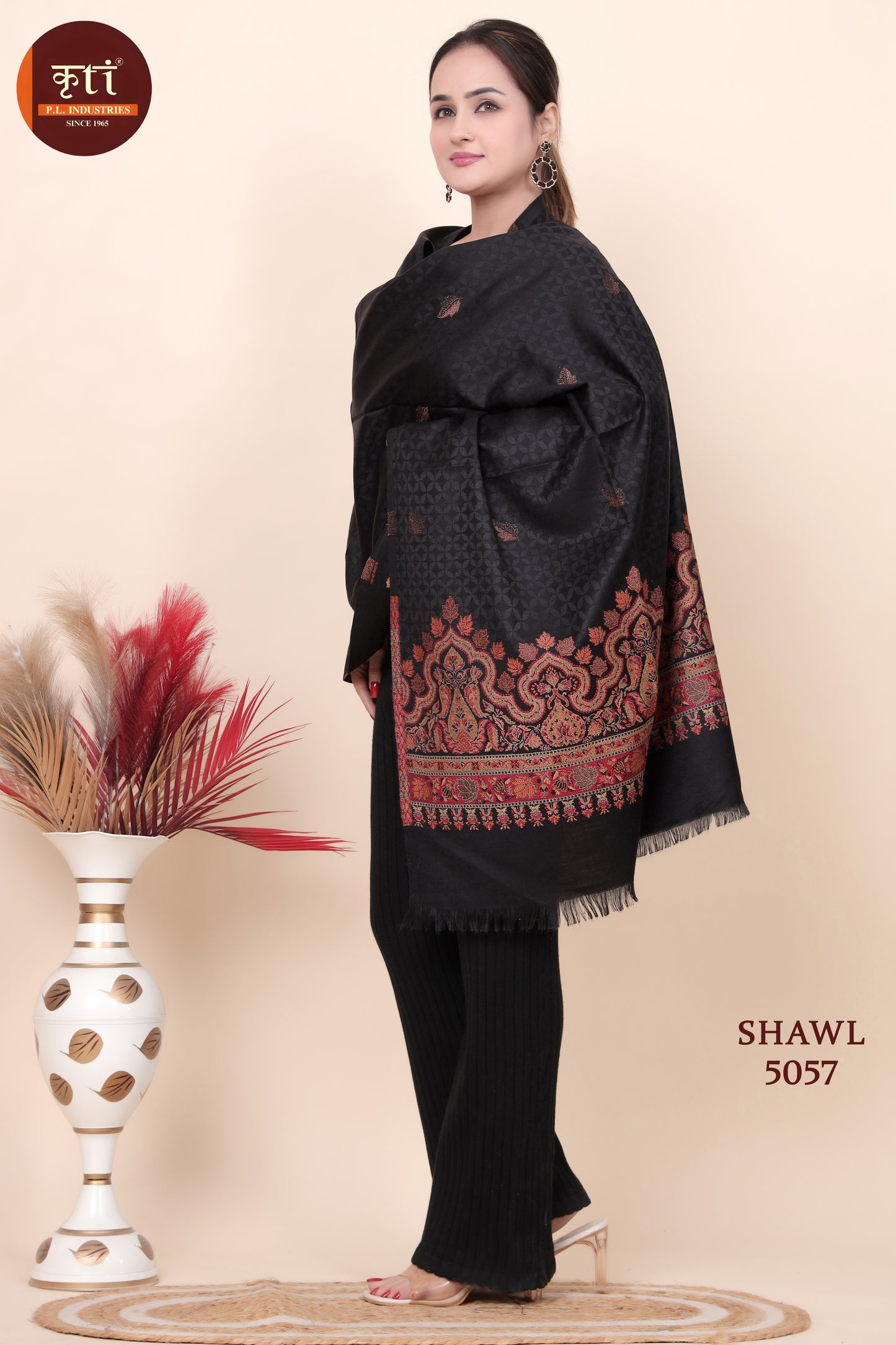 KRITI Jacquard Design Woollen Black Color Shawl for Women