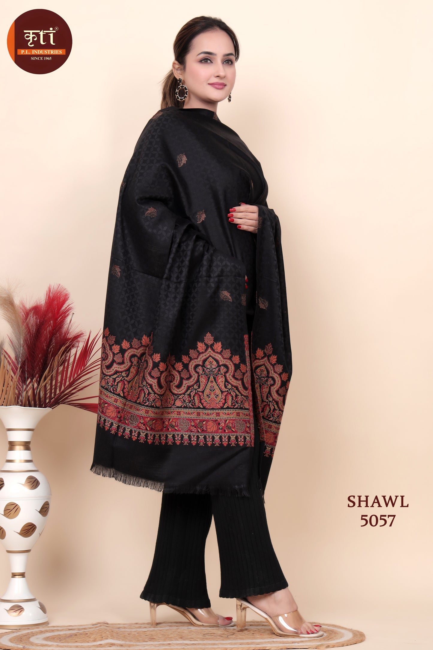 KRITI Jacquard Design Woollen Black Color Shawl for Women