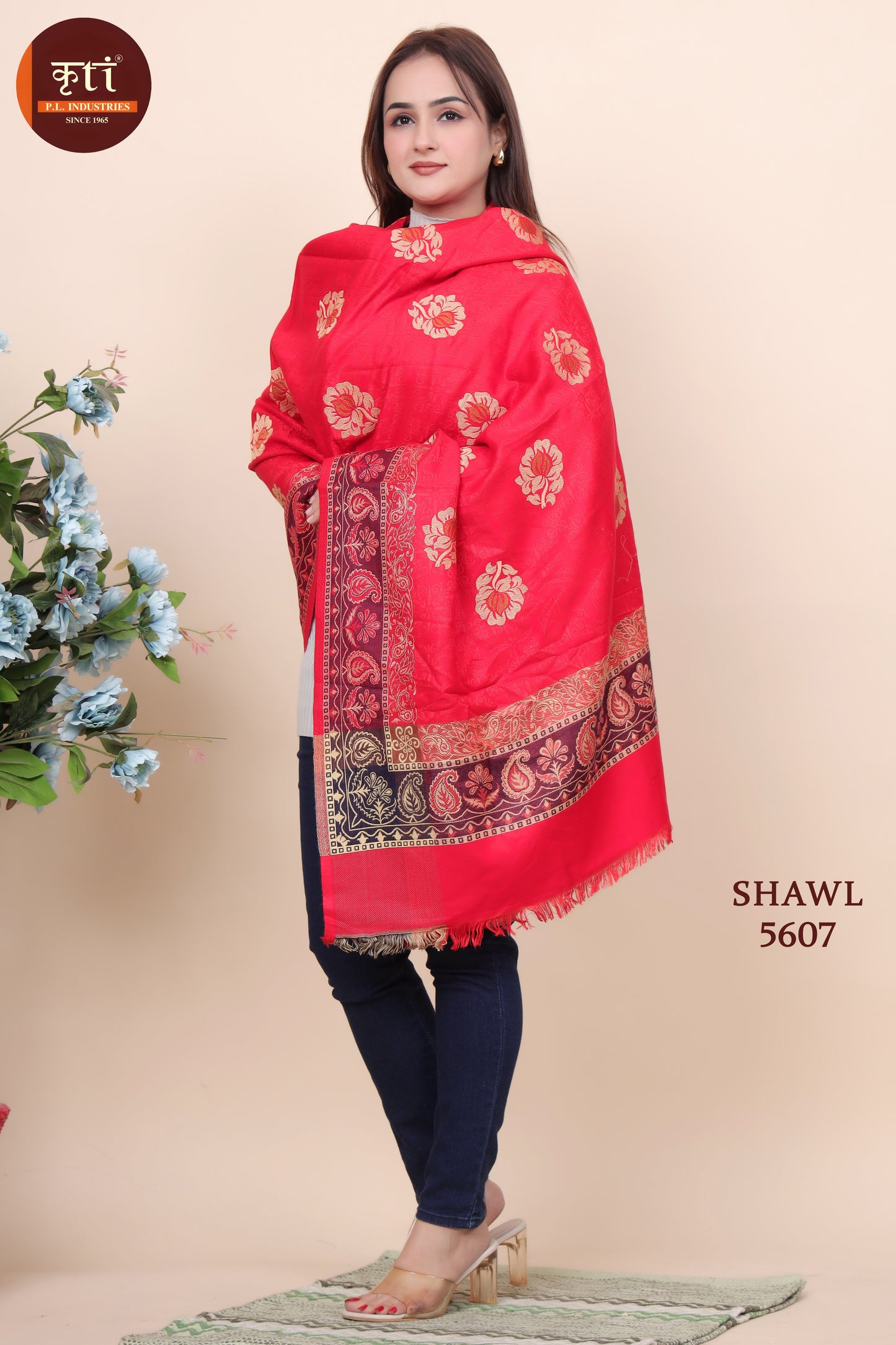 KRITI Traditional Border Design Woollen Red Color Shawl For Women