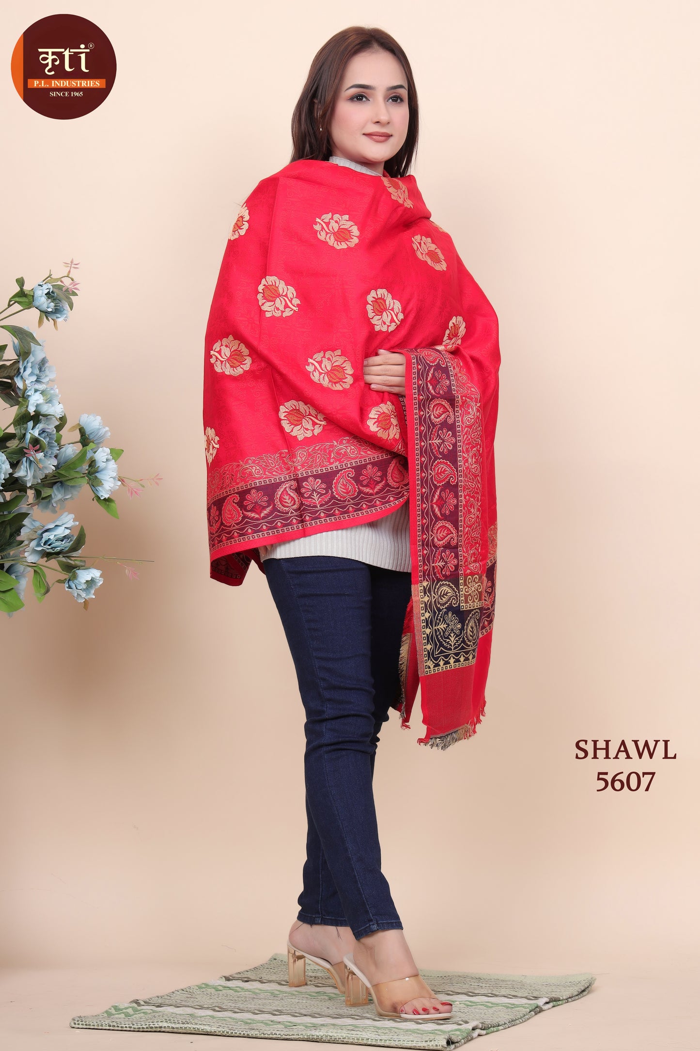 KRITI Traditional Border Design Woollen Red Color Shawl For Women