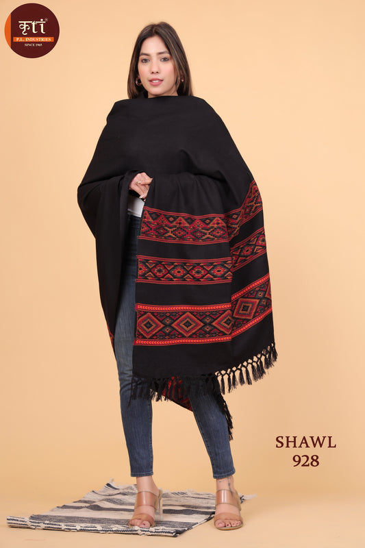 KRITI Himachali Kullu Patti Border Woollen Premium Black Shawl For Women