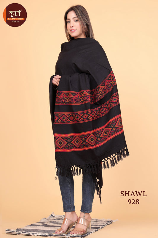 KRITI Himachali Kullu Patti Border Woollen Premium Black Shawl For Women
