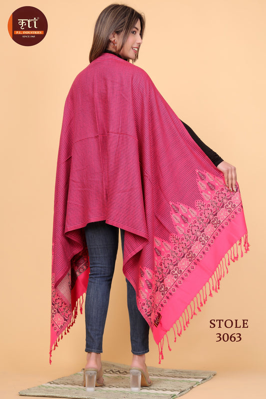 KRITI Luxury Floral Border Woollen Pink Color Stole For Girl