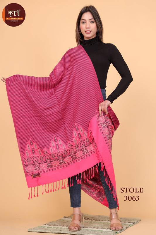 KRITI Luxury Floral Border Woollen Pink Color Stole For Girl
