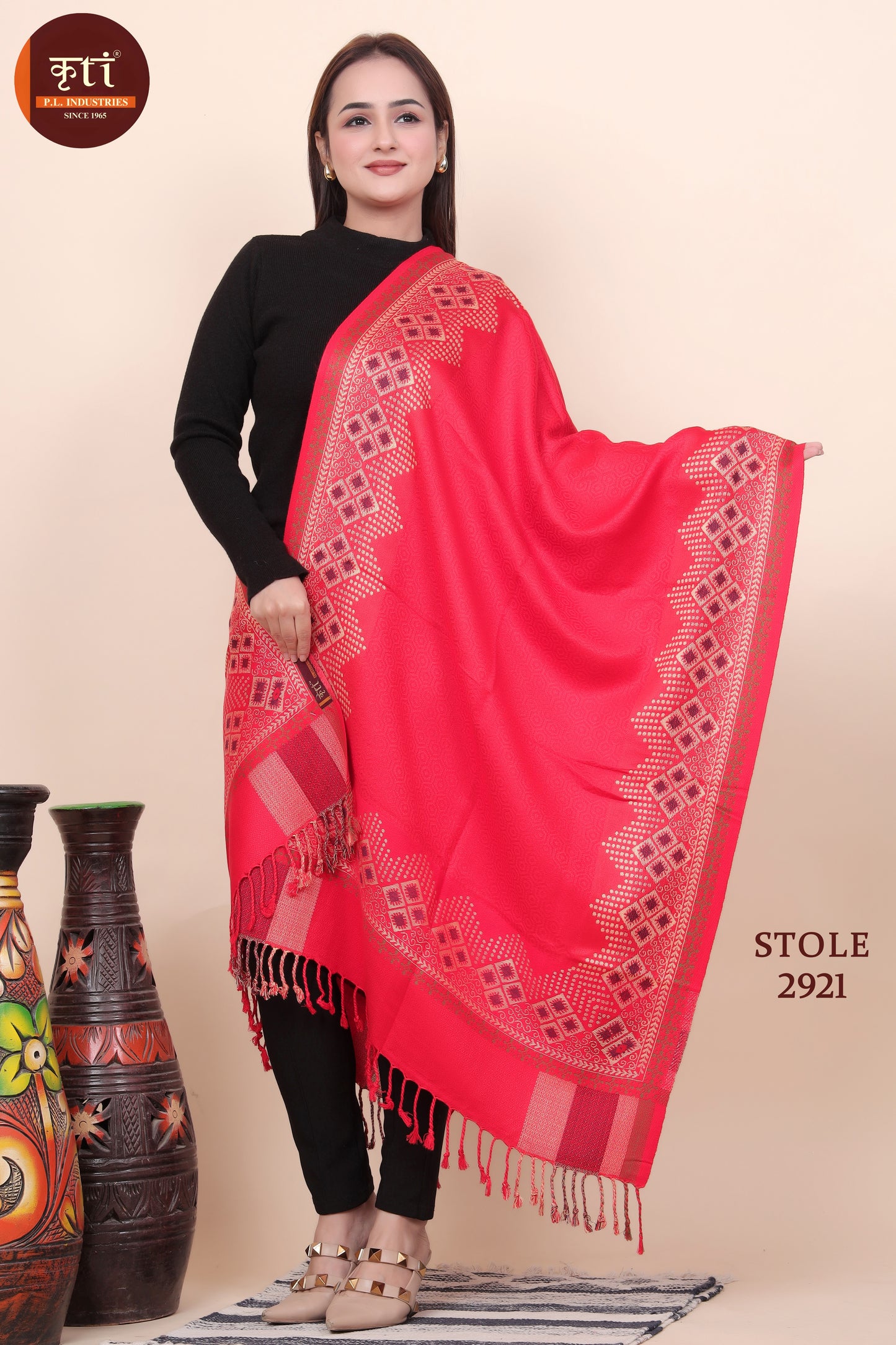 KRITI Traditional Border Pattern Woollen Red Color Stole For Girl