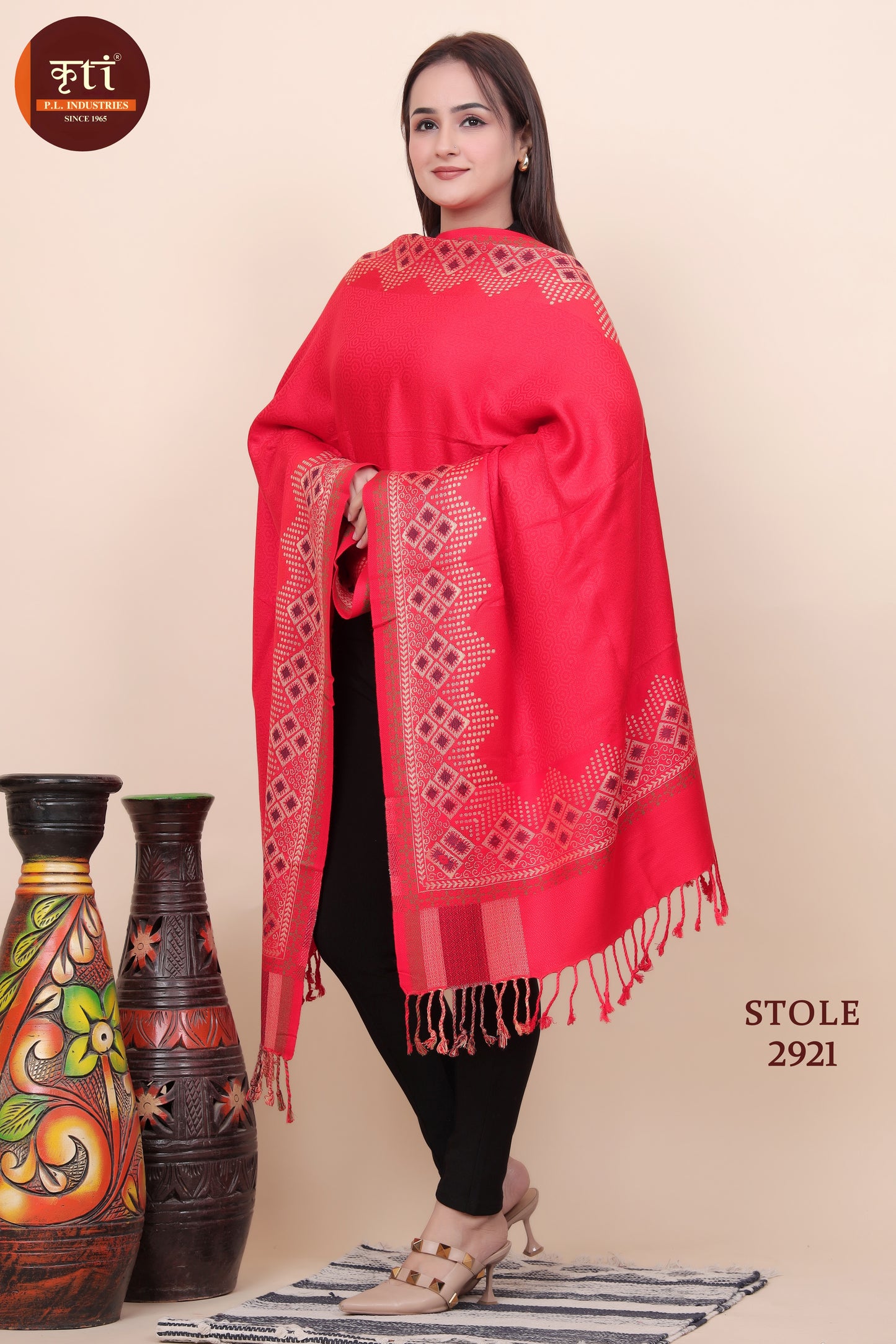 KRITI Traditional Border Pattern Woollen Red Color Stole For Girl