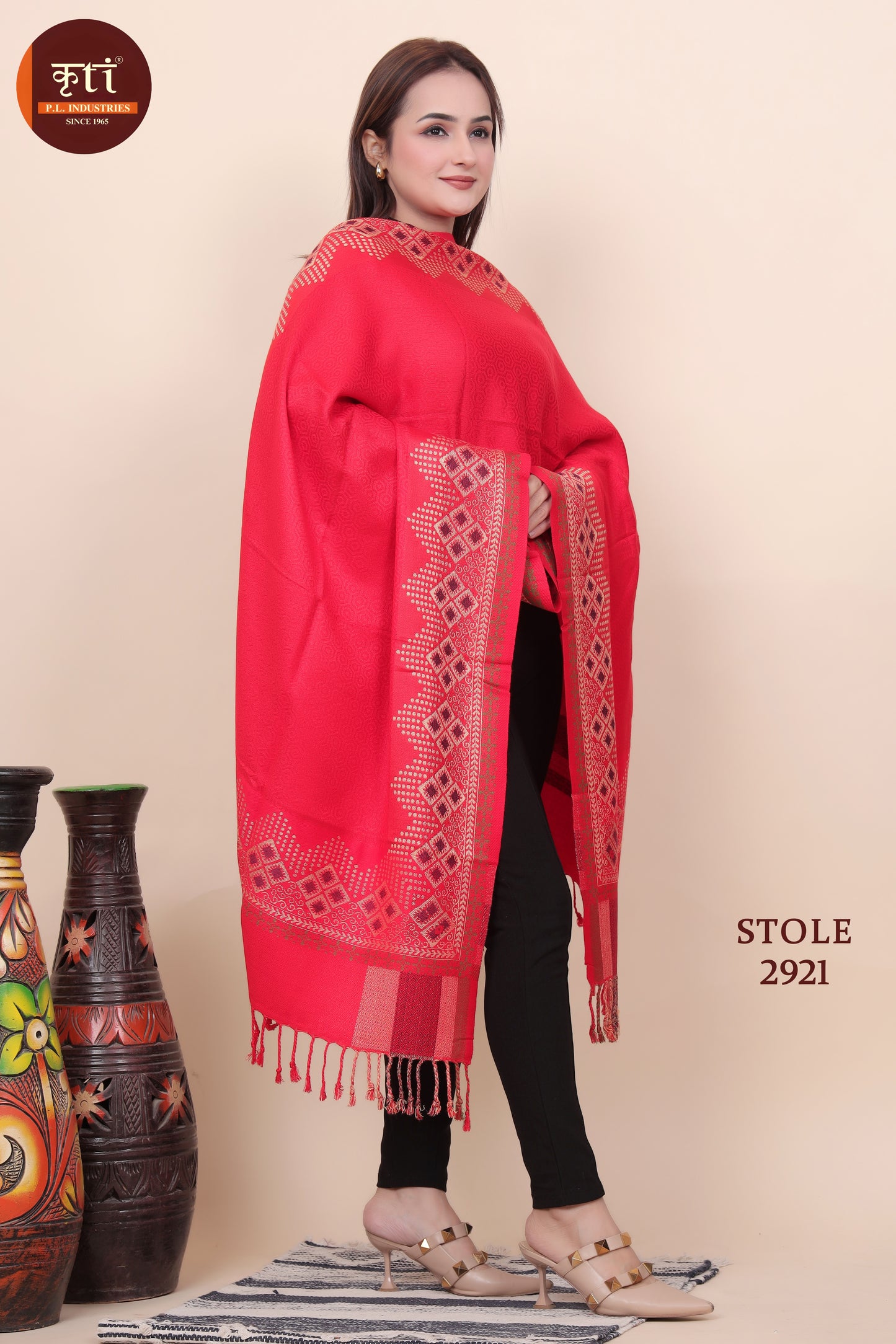 KRITI Traditional Border Pattern Woollen Red Color Stole For Girl