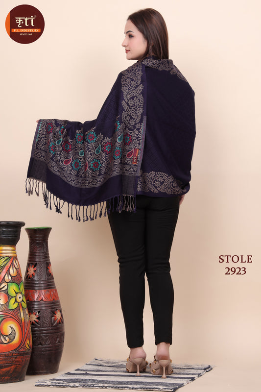 KRITI Floral Border Design Woollen Navy Color Stole For Girl