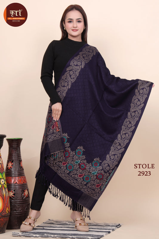 KRITI Floral Border Design Woollen Navy Color Stole For Girl