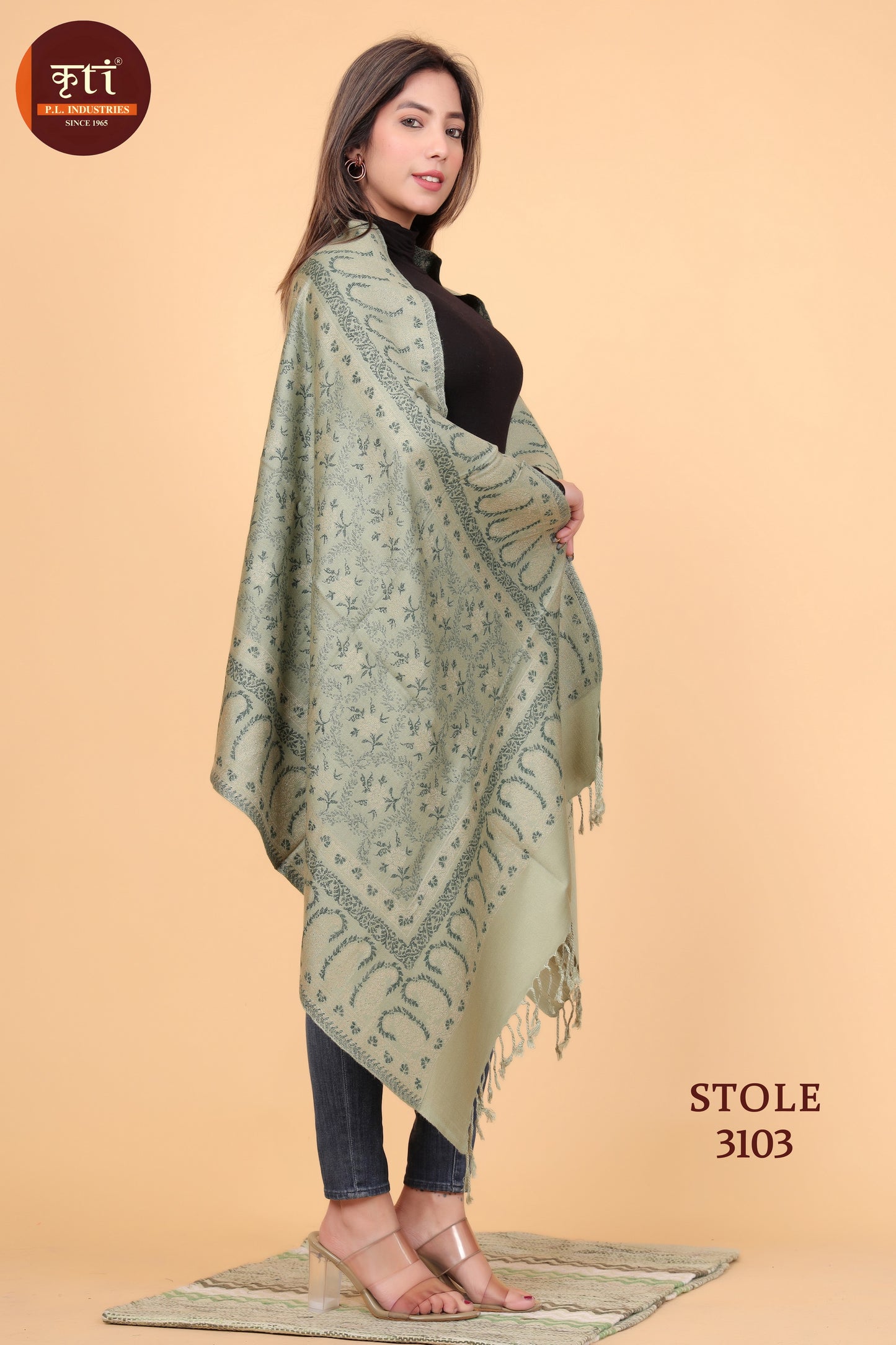 KRITI Paisley Design Woollen Green Color Stole For Girl