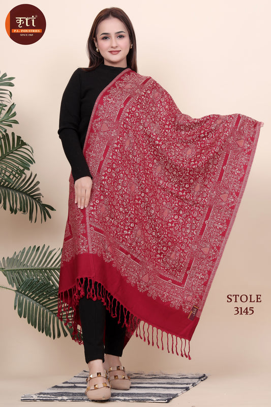 KRITI Traditional Floral Design Woollen Maroon Color Stole For Girl