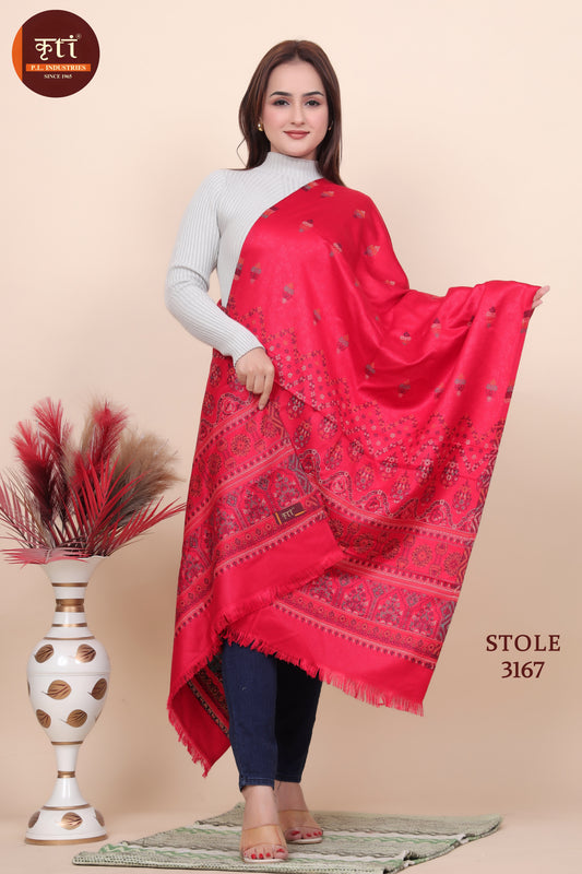 KRITI Floral Pattern Woollen Red Color Stole For Girl