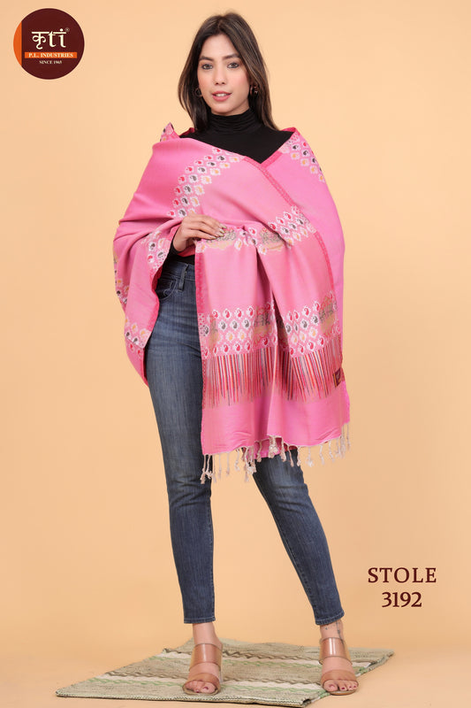 KRITI Floral Design Woollen Pink Stole For Girl