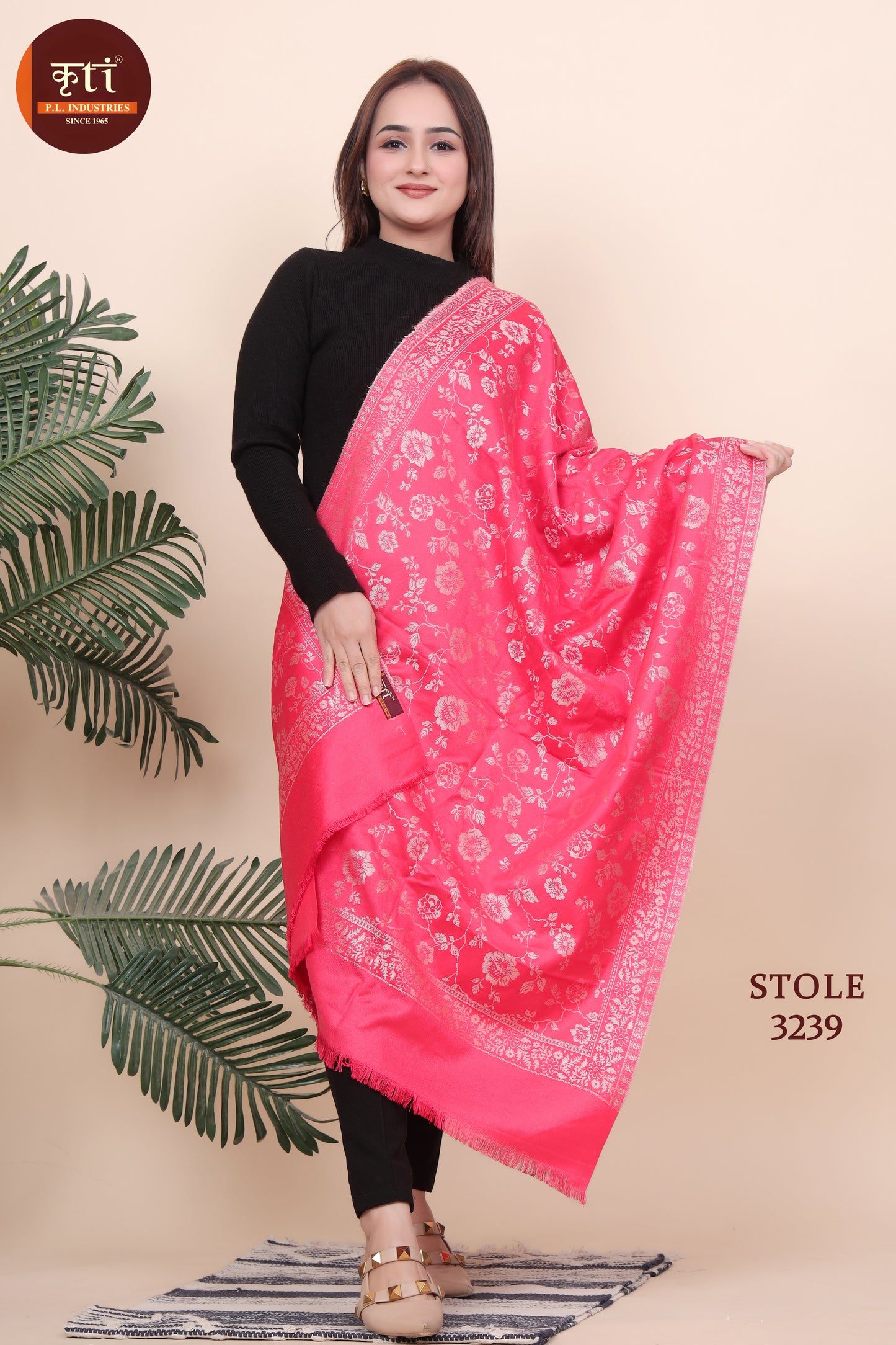 KRITI Floral Design Woollen Pink Color For Stole  Girls