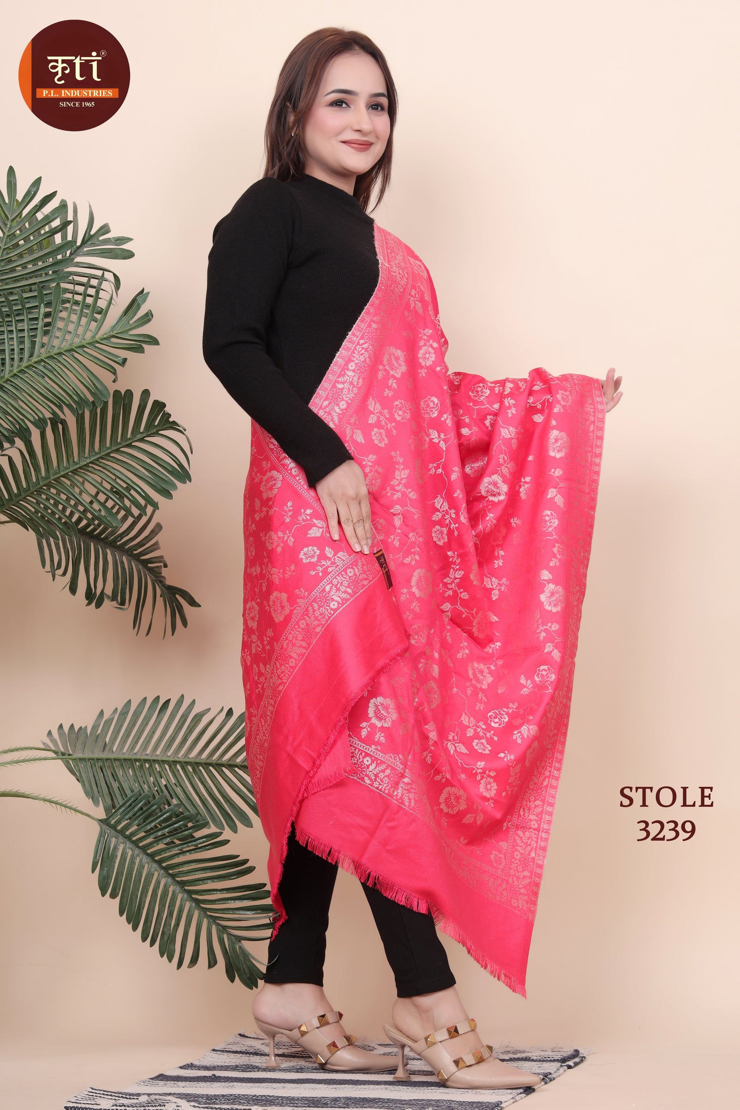 KRITI Floral Design Woollen Pink Color For Stole  Girls
