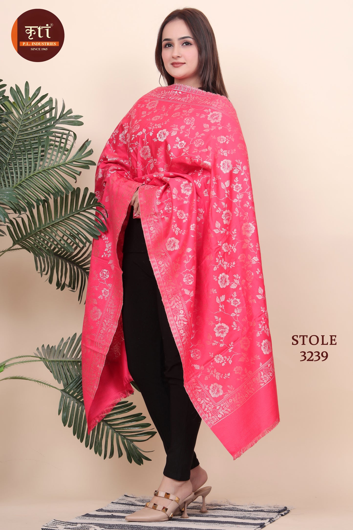 KRITI Floral Design Woollen Pink Color For Stole  Girls
