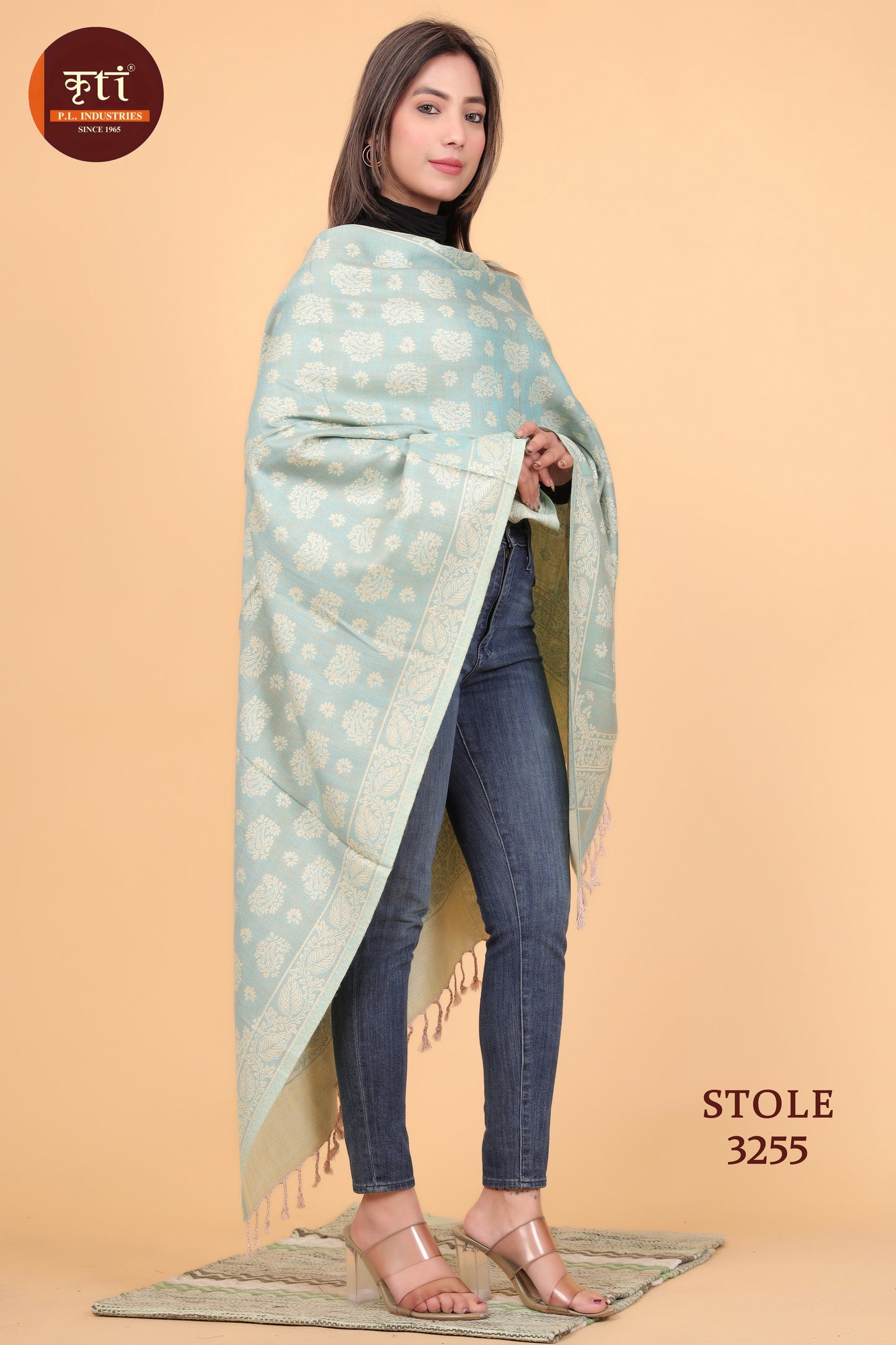 KRITI Floral Pattern Woollen Pista Color Stole For Girl