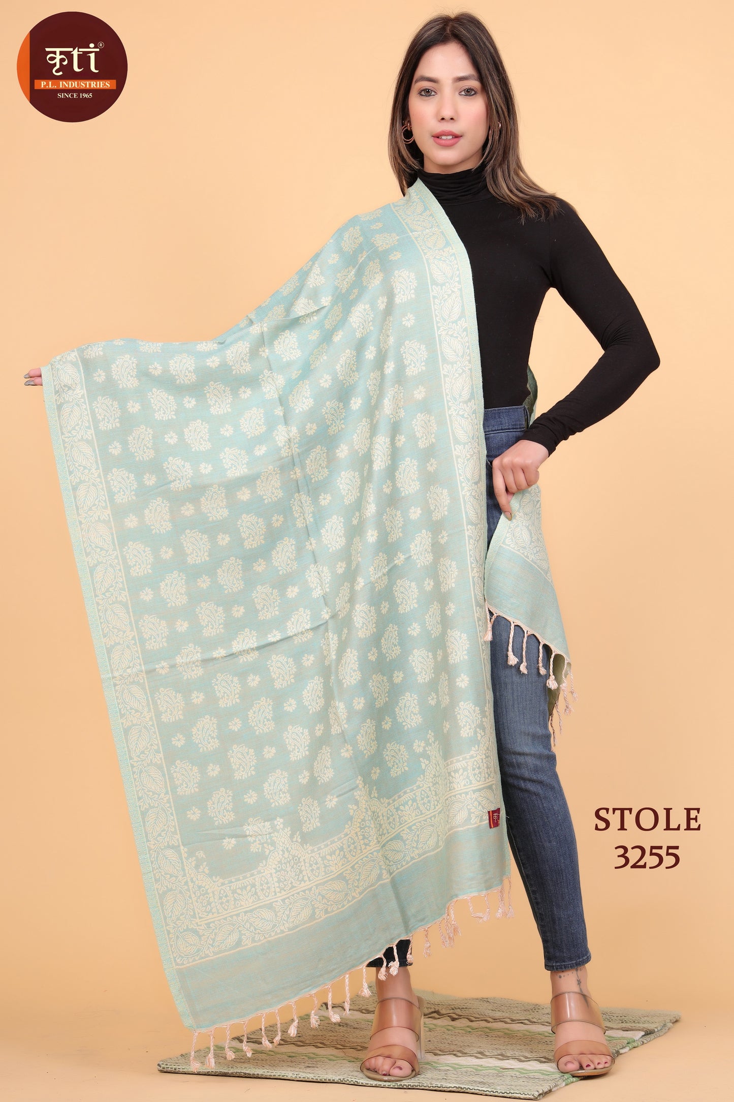 KRITI Floral Pattern Woollen Pista Color Stole For Girl