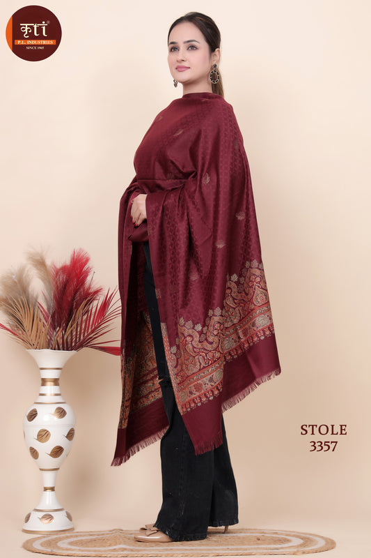 लड़कियों के लिए KRITI स्टाइलिश जैक्वार्ड वूलन वाइन कलर स्टोल