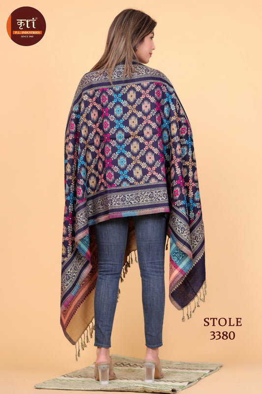 KRITI Floral Designer Woollen Navy color Stole For Girl