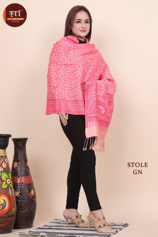 लड़कियों के लिए कृति पैस्ले पैटर्न ऊनी प्रीमियम गुलाबी रंग का स्टोल