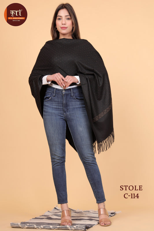 KRITI स्टाइलिश स्टोन वर्क वूल प्रीमियम ब्लैक कलर स्टोल लड़कियों के लिए