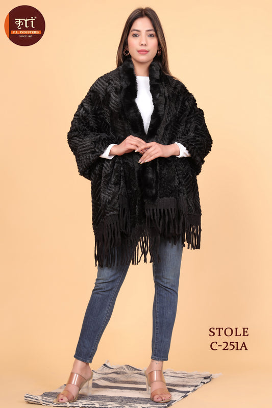 KRITI Fur Style Warm Wool Black Color Stole For Girl