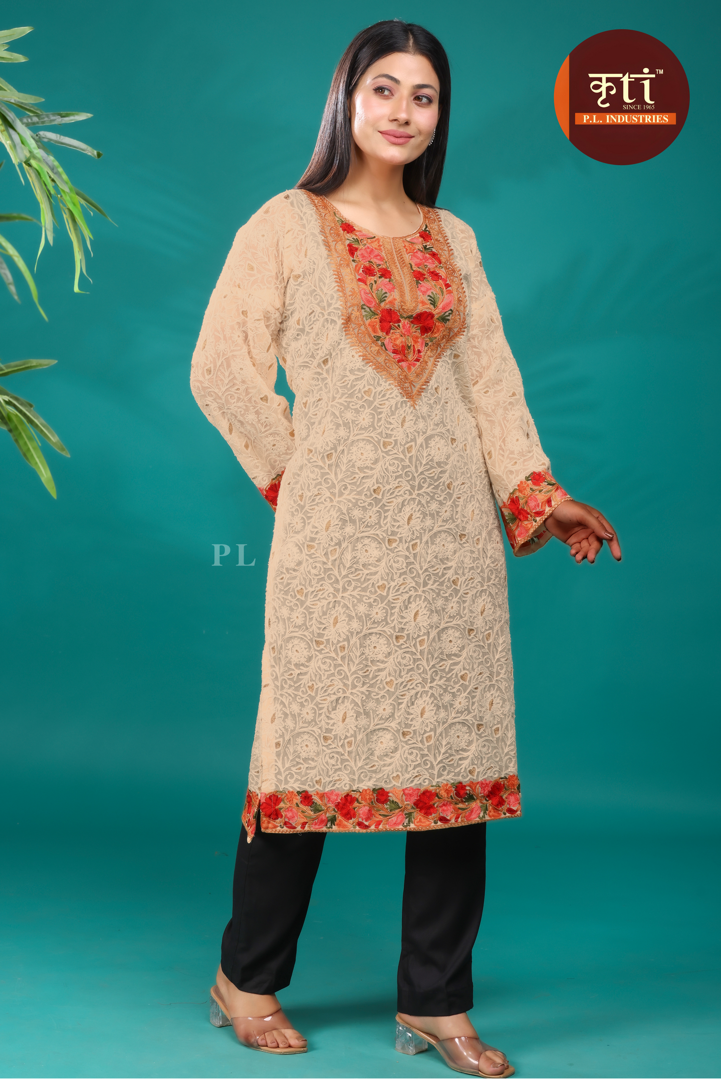 KRITI Kashmiri-Inspired Beige Georgette Kurti Floral Embroidery