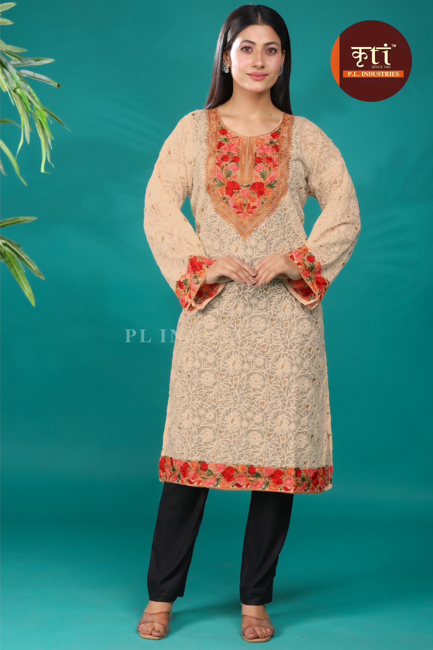 KRITI Kashmiri-Inspired Beige Georgette Kurti Floral Embroidery