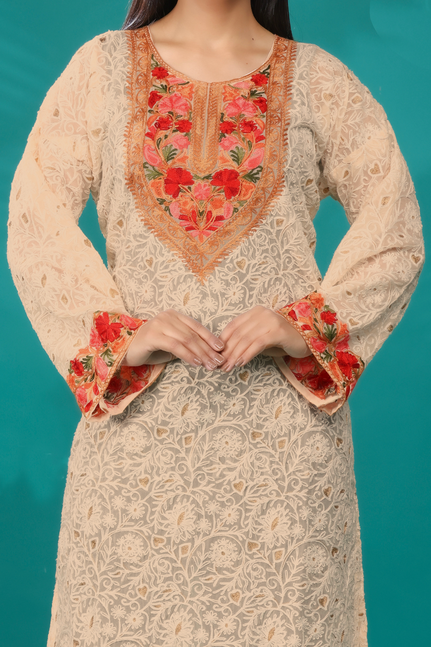 KRITI Kashmiri-Inspired Beige Georgette Kurti Floral Embroidery