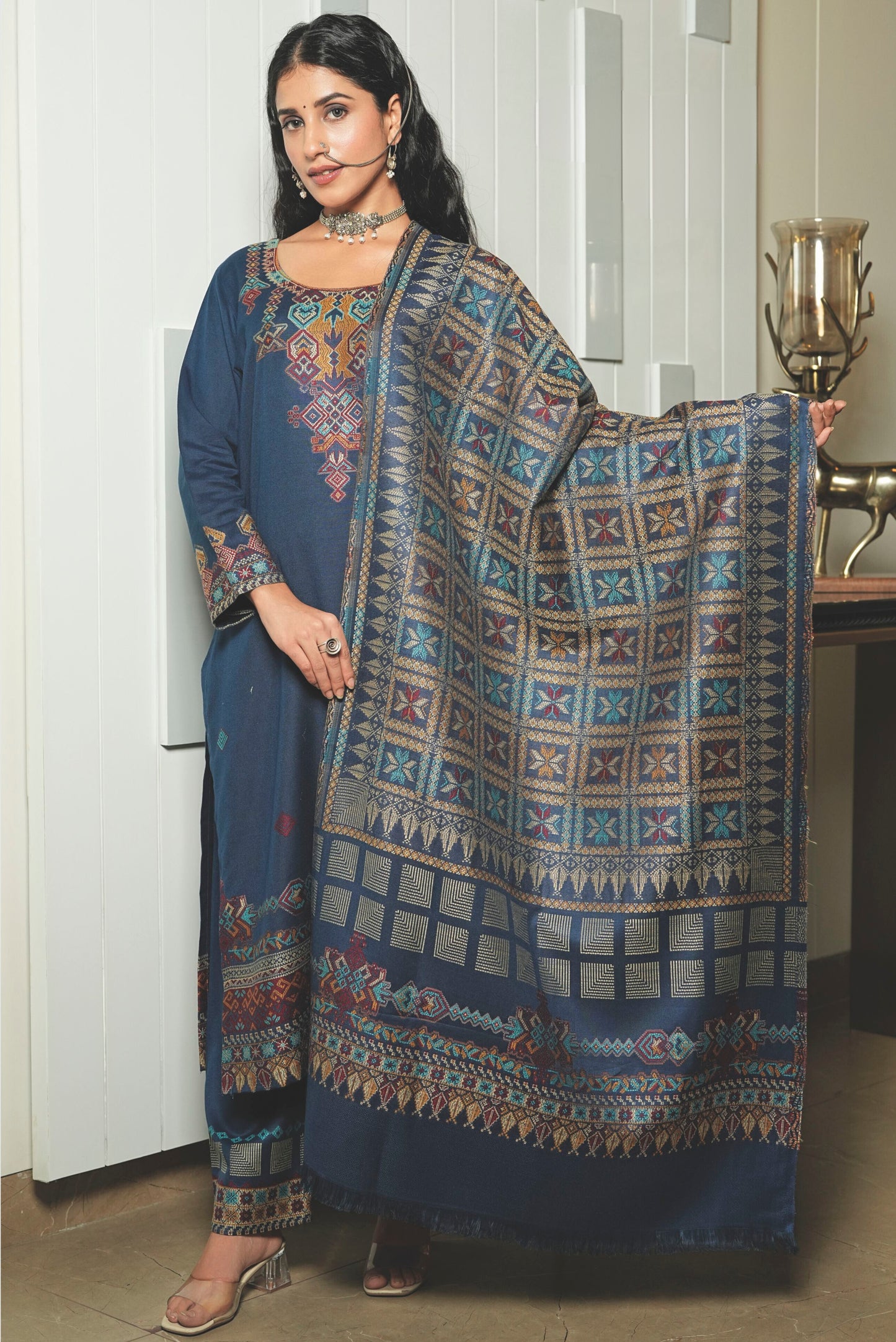 KRITI Navy Woollen Unstitched Suits For Women