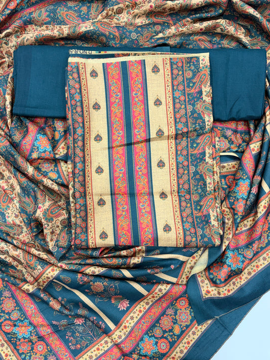 Designer Winter Woolen Unstitched Suit - Teal