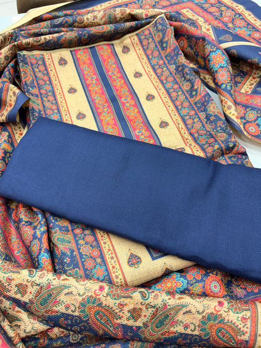 Designer Winter Woolen Unstitched Suit - Navy
