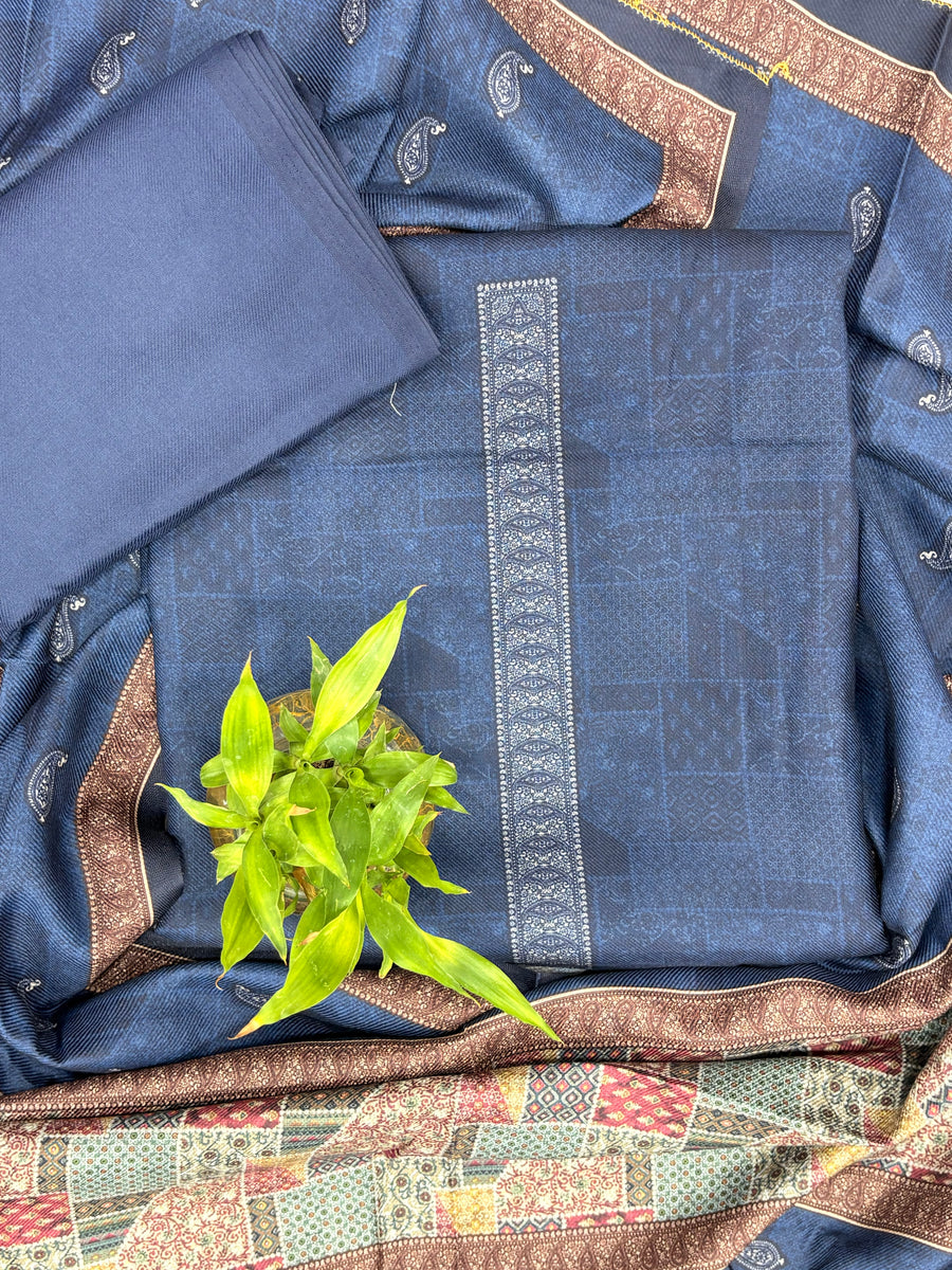 Geometric Design Woolen Unstitched Suit - Navy