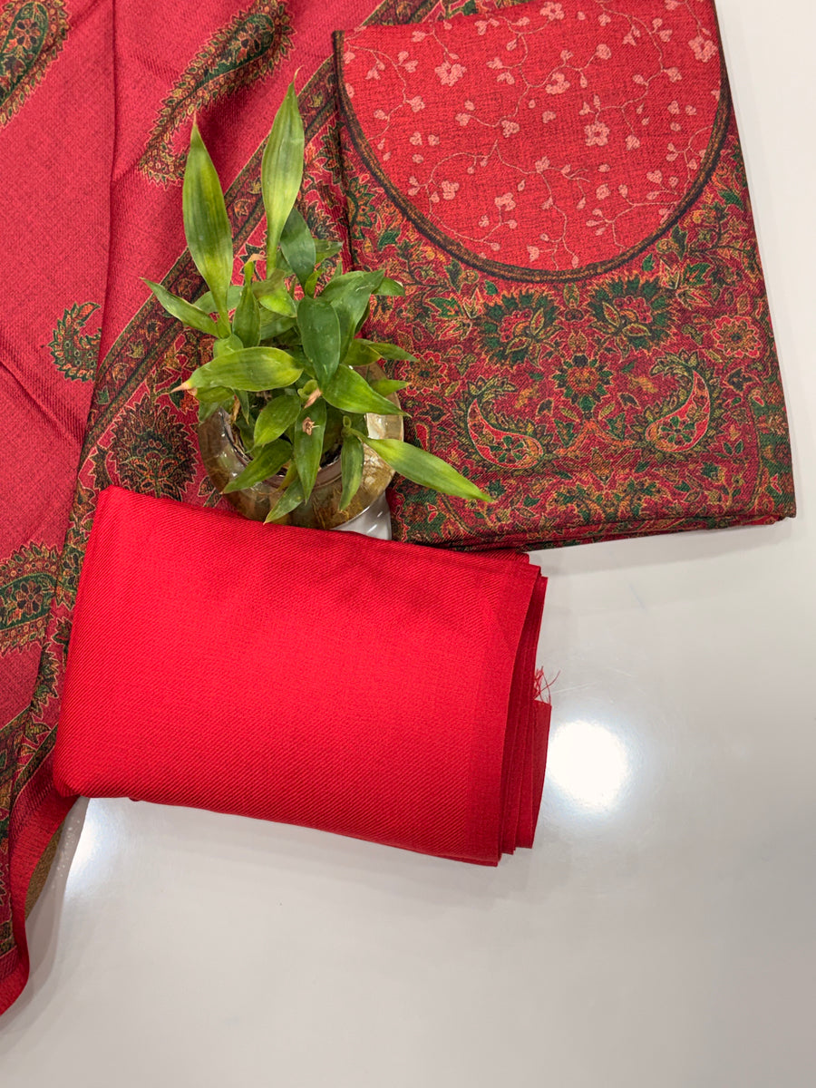 Designer Winter Woolen Unstitched Suit - Maroon