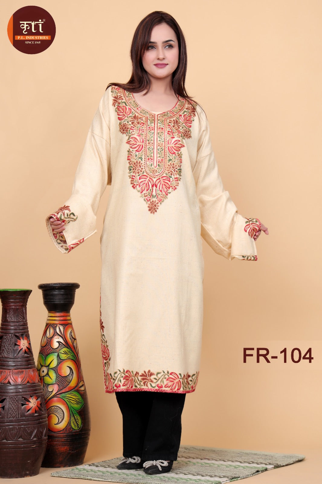 KRITI Winter Kashmiri Embroidery Woollen Phiran Cream Color For Women