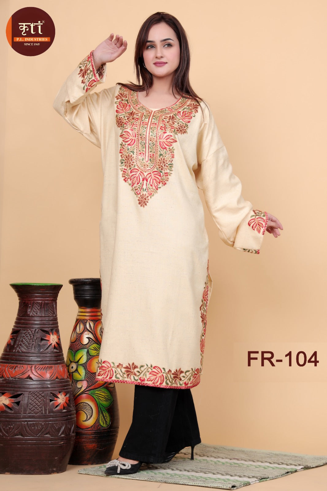 KRITI Winter Kashmiri Embroidery Woollen Phiran Cream Color For Women