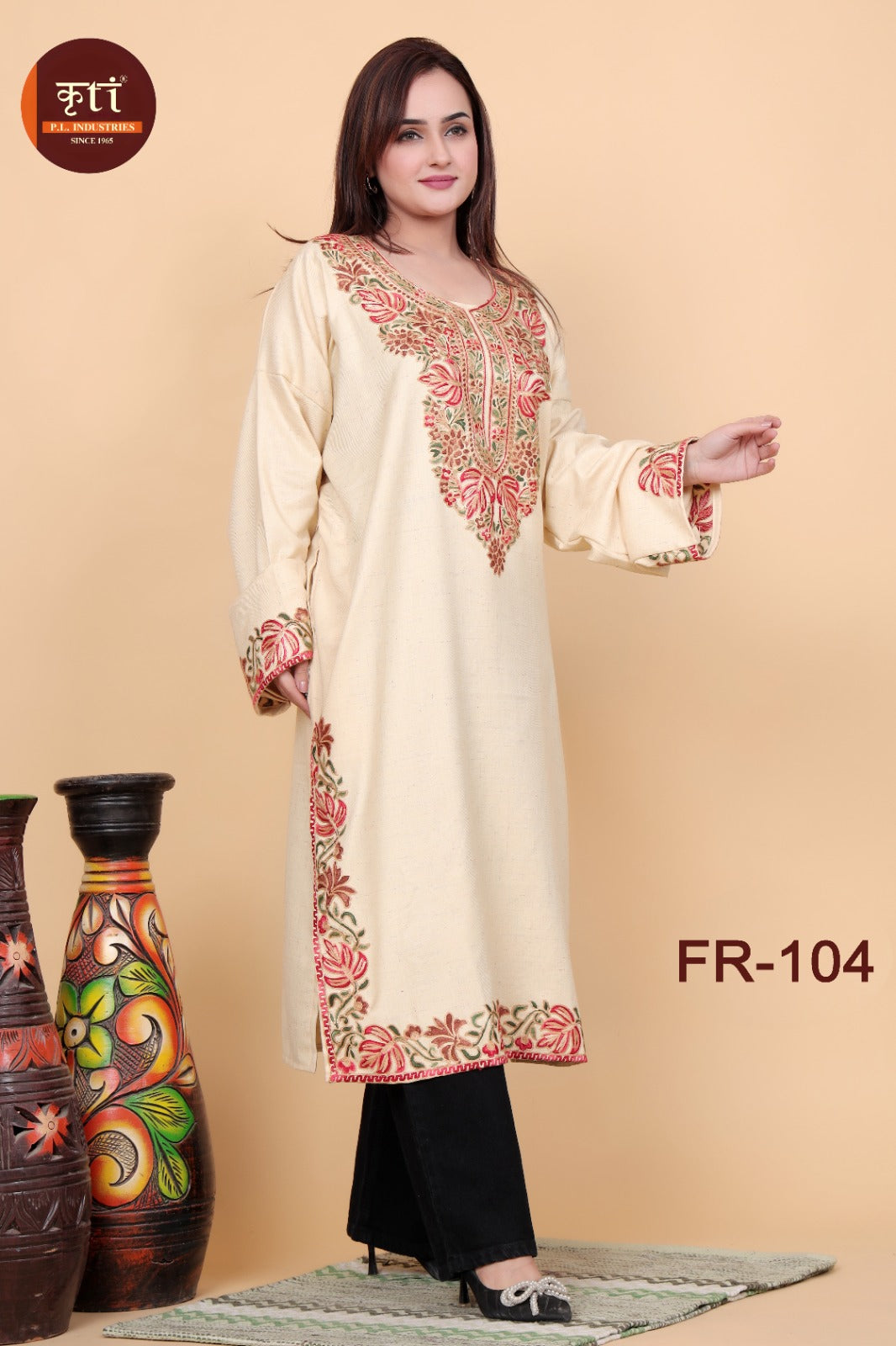 KRITI Winter Kashmiri Embroidery Woollen Phiran Cream Color For Women
