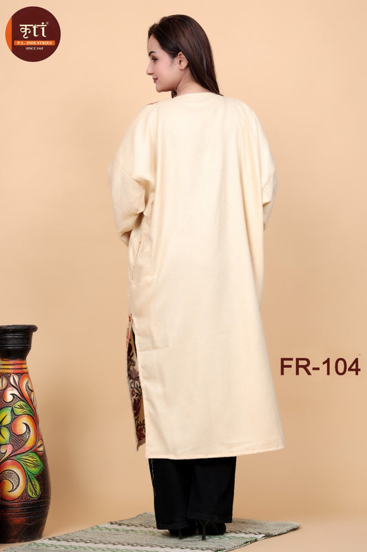 KRITI Winter Kashmiri Embroidery Woollen Phiran Cream Color For Women