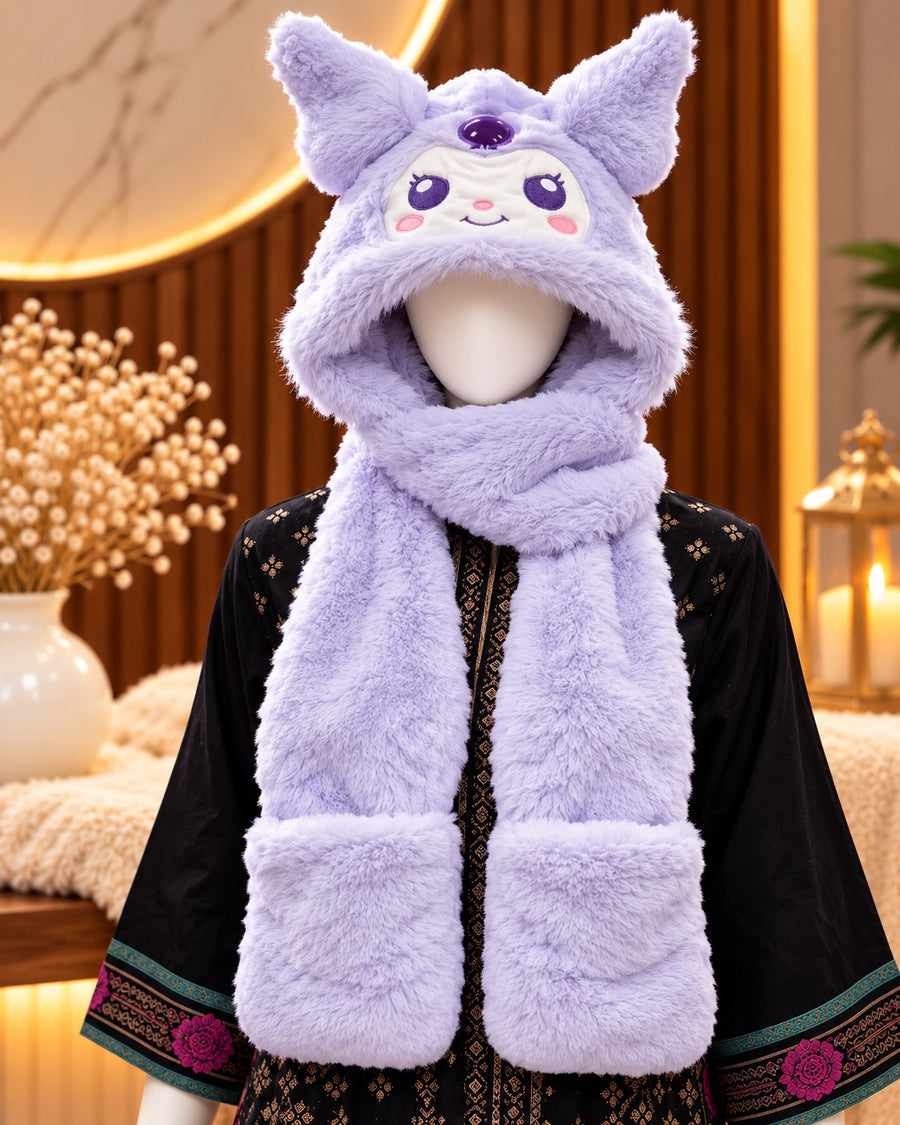 Faux Fur Teddy Bear Hooded Cap with Neck Warmer - Lavender