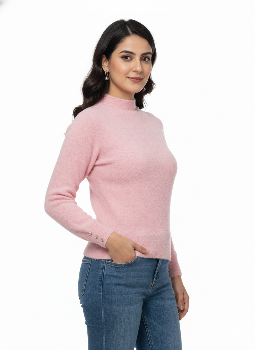 KRITI Winter Hair Wool Mock Neck Top Light Pink Colour For Women