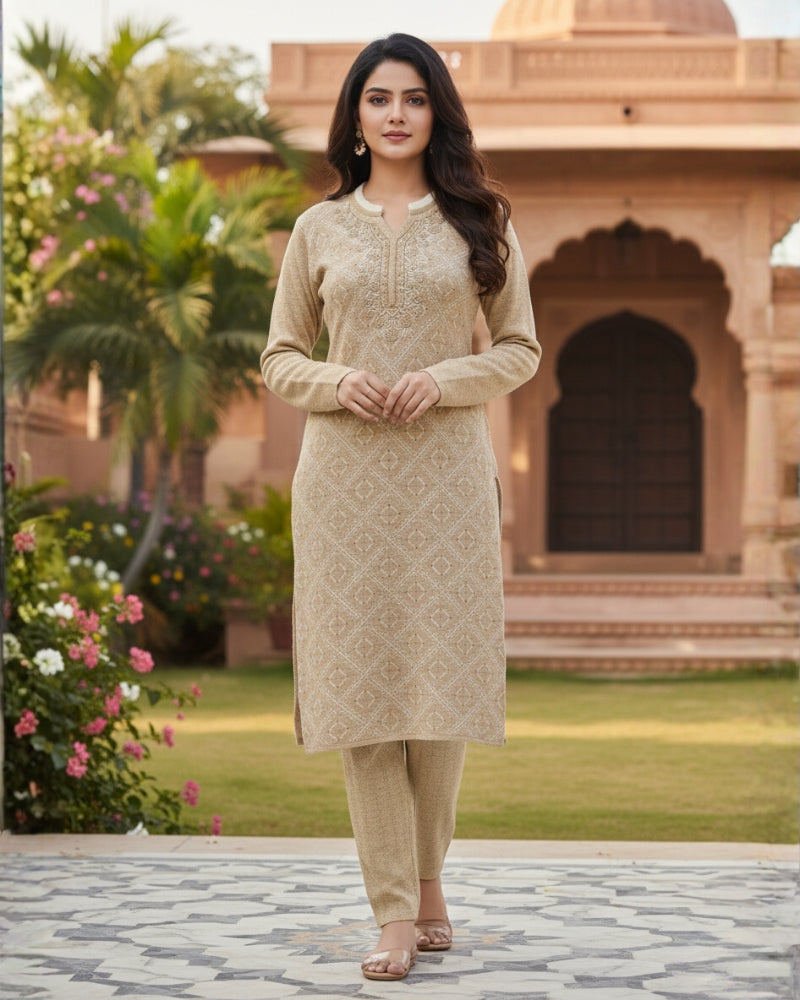 KRITI Women’s Woollen 3-Piece Embroidered Kurti Set with Bottom & Stole – Premium Winterwear | Soft Knitted Kurti, Bottom & Stole Suit Set Beige Color | M-XXL Size