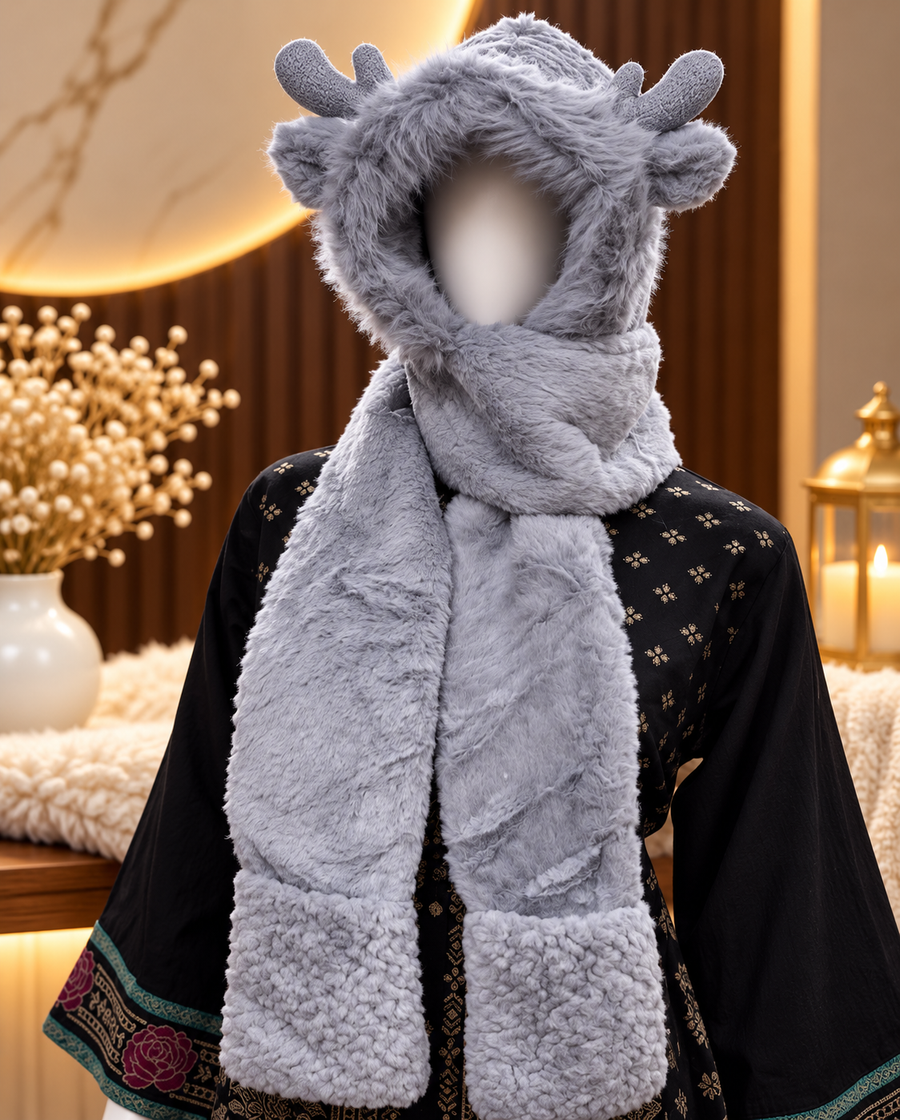 Faux Fur Teddy Bear Hooded Cap with Neck Warmer - Grey