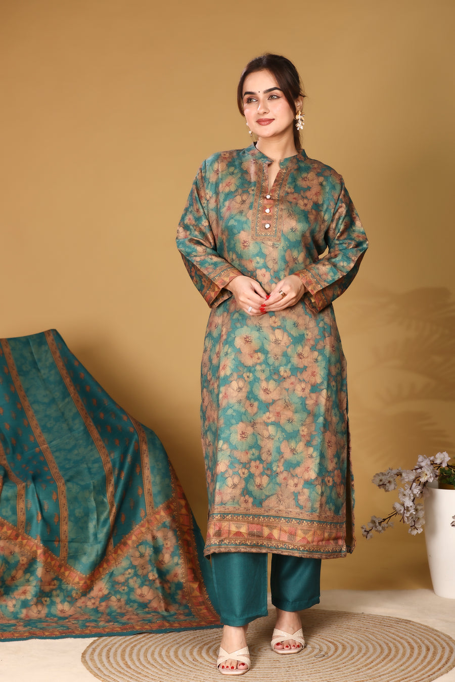 Designer Jacquard Winter Woolen stitched Suit- Teal