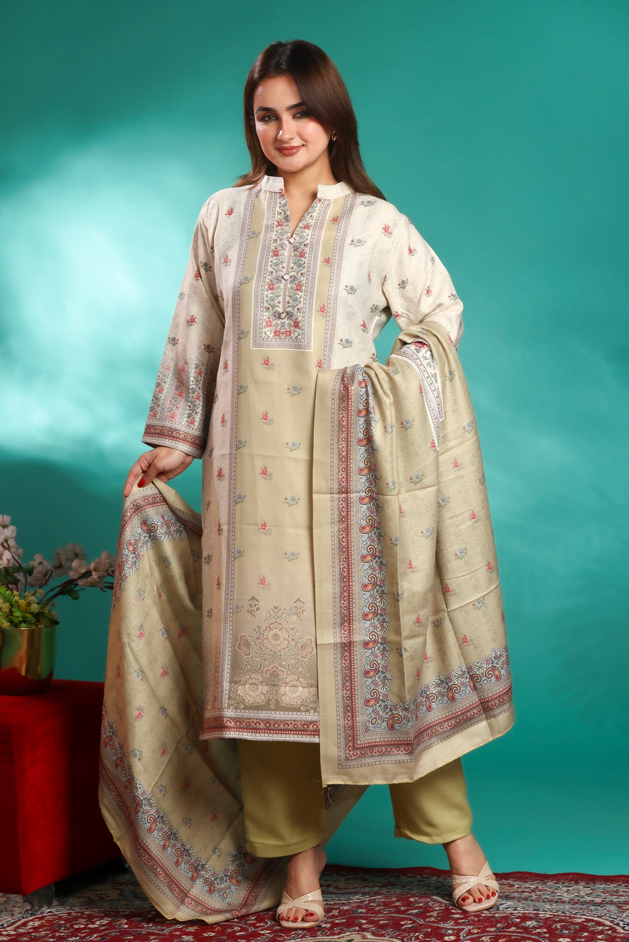 Designer Jacquard Winter Woolen stitched Suit- Olive