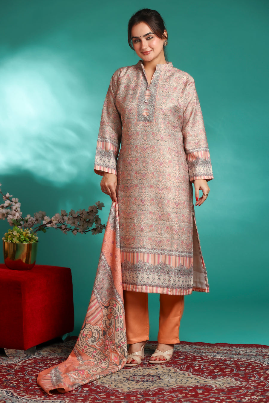 Designer Printed Winter Woolen stitched Suit- Peach