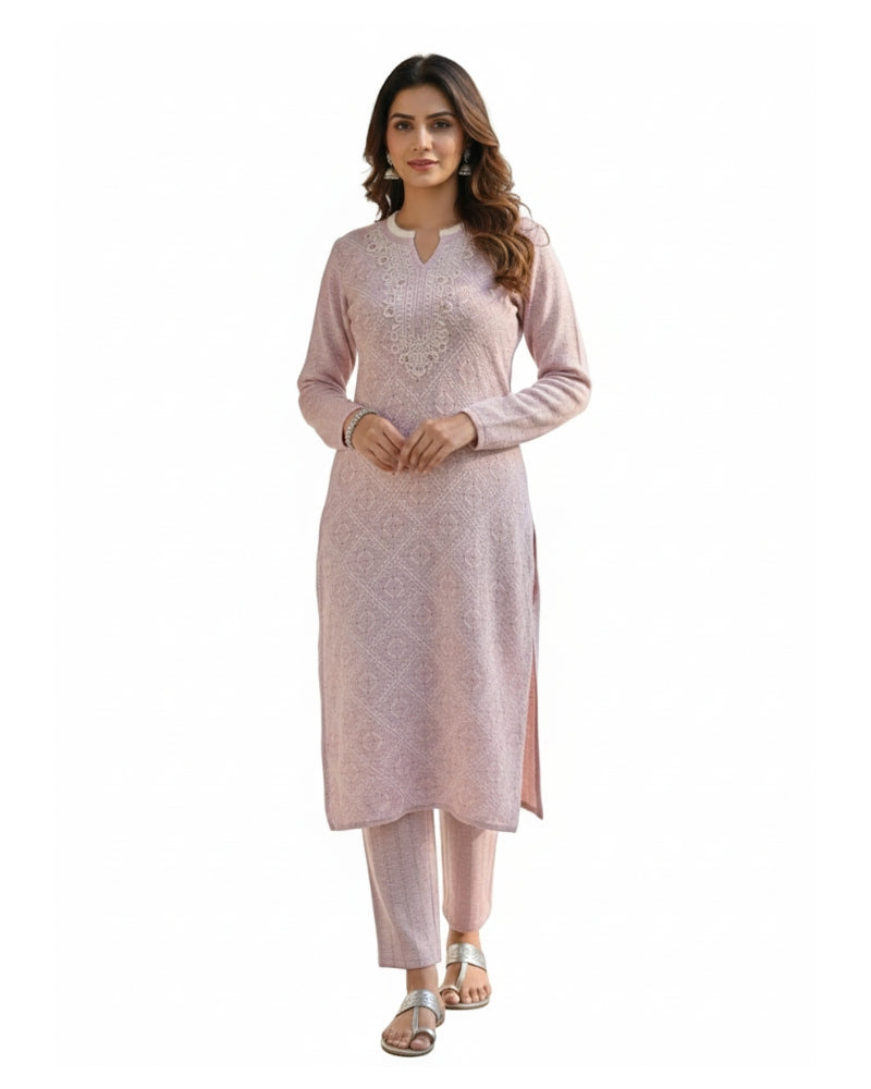 KRITI Women’s Woollen 3-Piece Embroidered Kurti Set with Bottom & Stole – Premium Winterwear | Soft Knitted Kurti, Bottom & Stole Suit Set Mauve Color | M-XXL Size