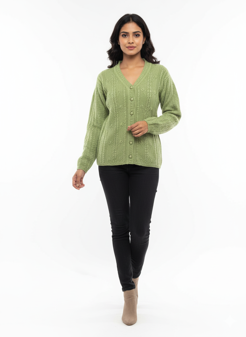 KRITI Winter Stylish Rainbow Cardigan Green Color For Women
